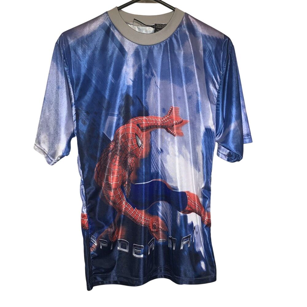 Vintage 2002 Marvel Sam Rami Spiderman Movie Promo All Over Print Shirt Size S